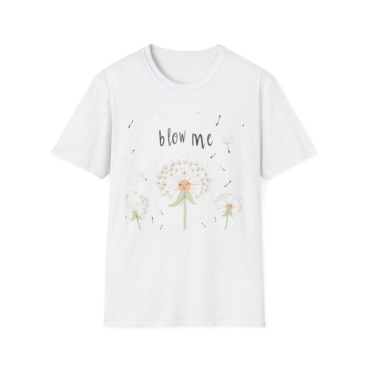 Whimsical dandelion t-shirt featuring playful dandelion artwork and the text blow me