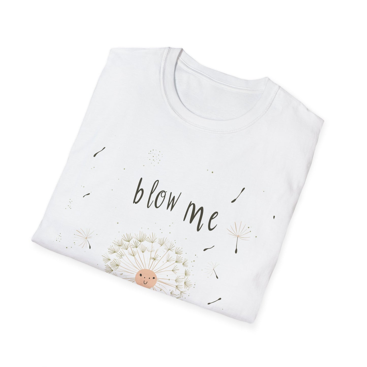 Whimsical dandelion t-shirt featuring a playful design with 'blow me' text and dandelion seeds