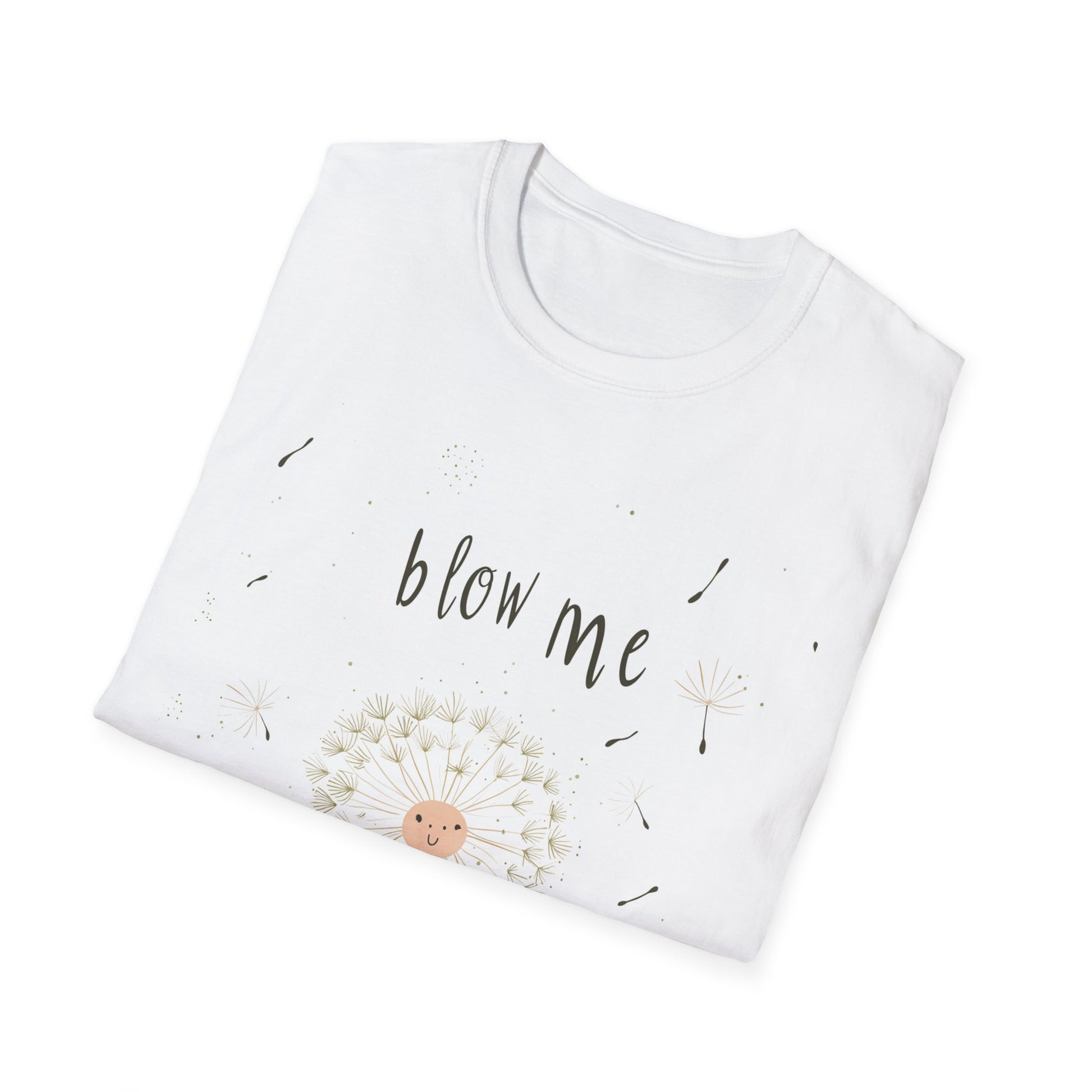 Whimsical dandelion t-shirt featuring a playful design with 'blow me' text and dandelion seeds