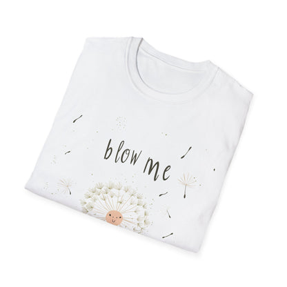 Whimsical dandelion t-shirt featuring a playful design with 'blow me' text and dandelion seeds