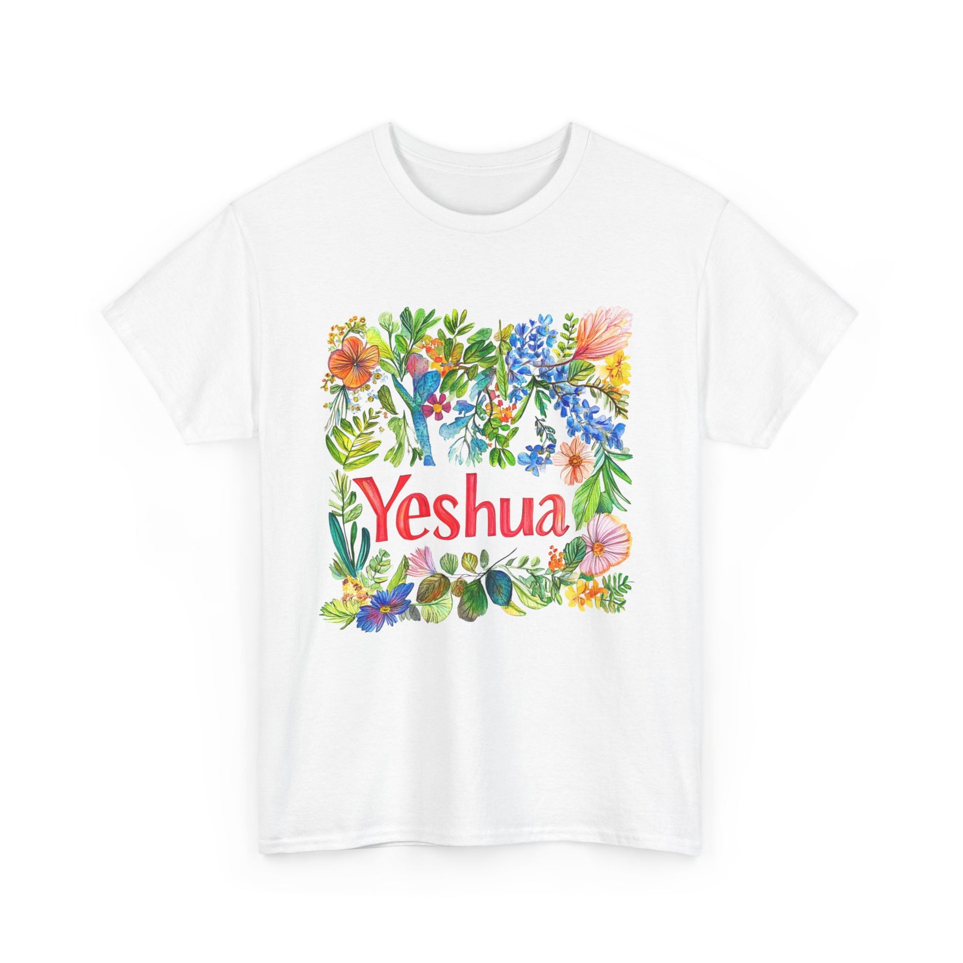 Yeshua inspirational t-shirt featuring vibrant floral designs and bold lettering