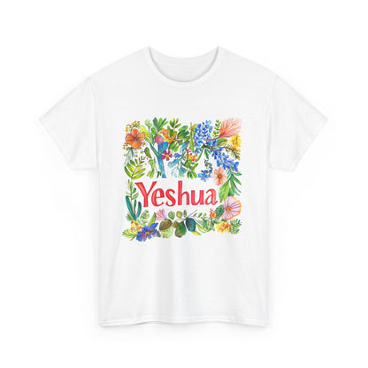 Yeshua inspirational t-shirt featuring vibrant floral designs and bold lettering