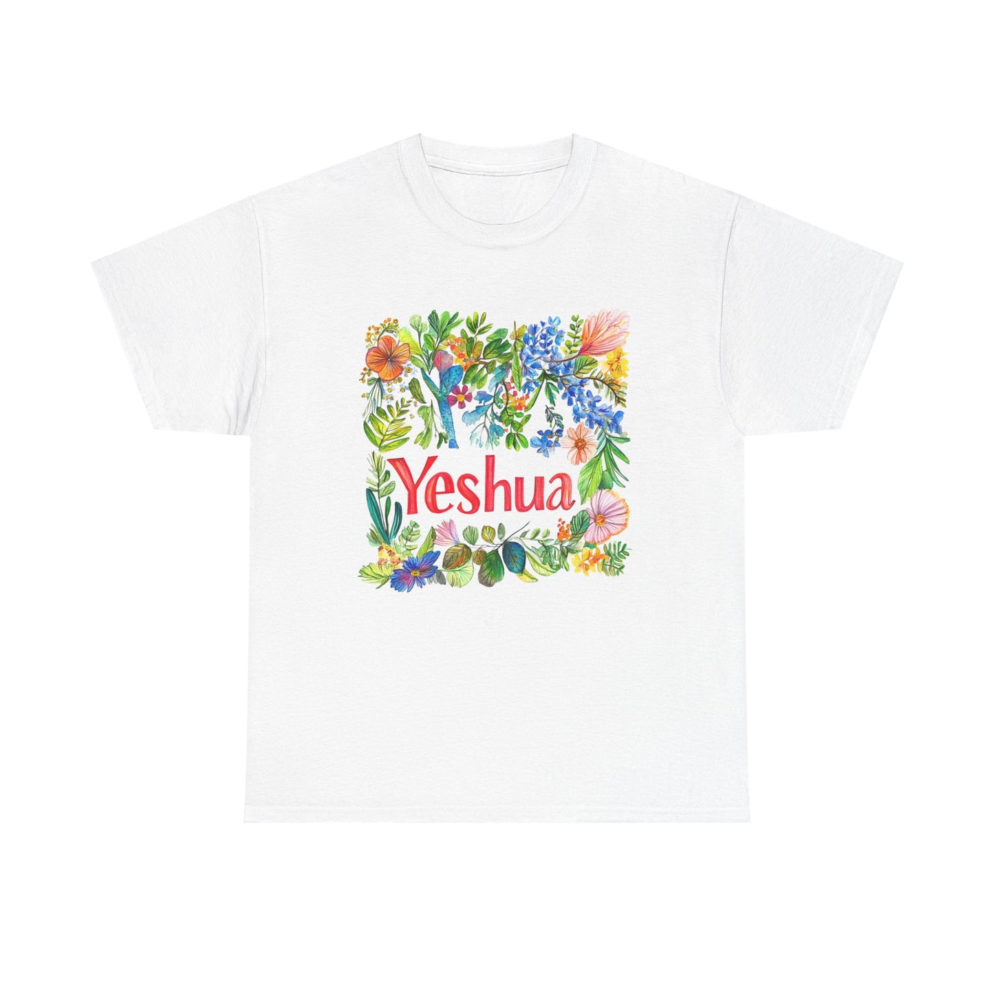 White Yeshua inspirational t-shirt featuring colorful floral design and bold lettering