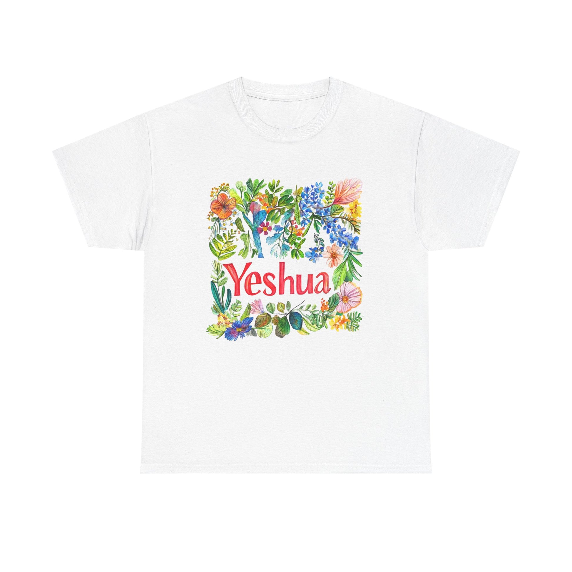 White Yeshua inspirational t-shirt featuring colorful floral design and bold lettering