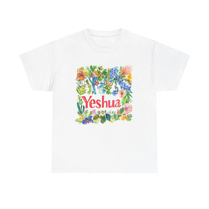White Yeshua inspirational t-shirt featuring colorful floral design and bold lettering