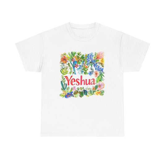 White Yeshua inspirational t-shirt featuring colorful floral design and bold lettering