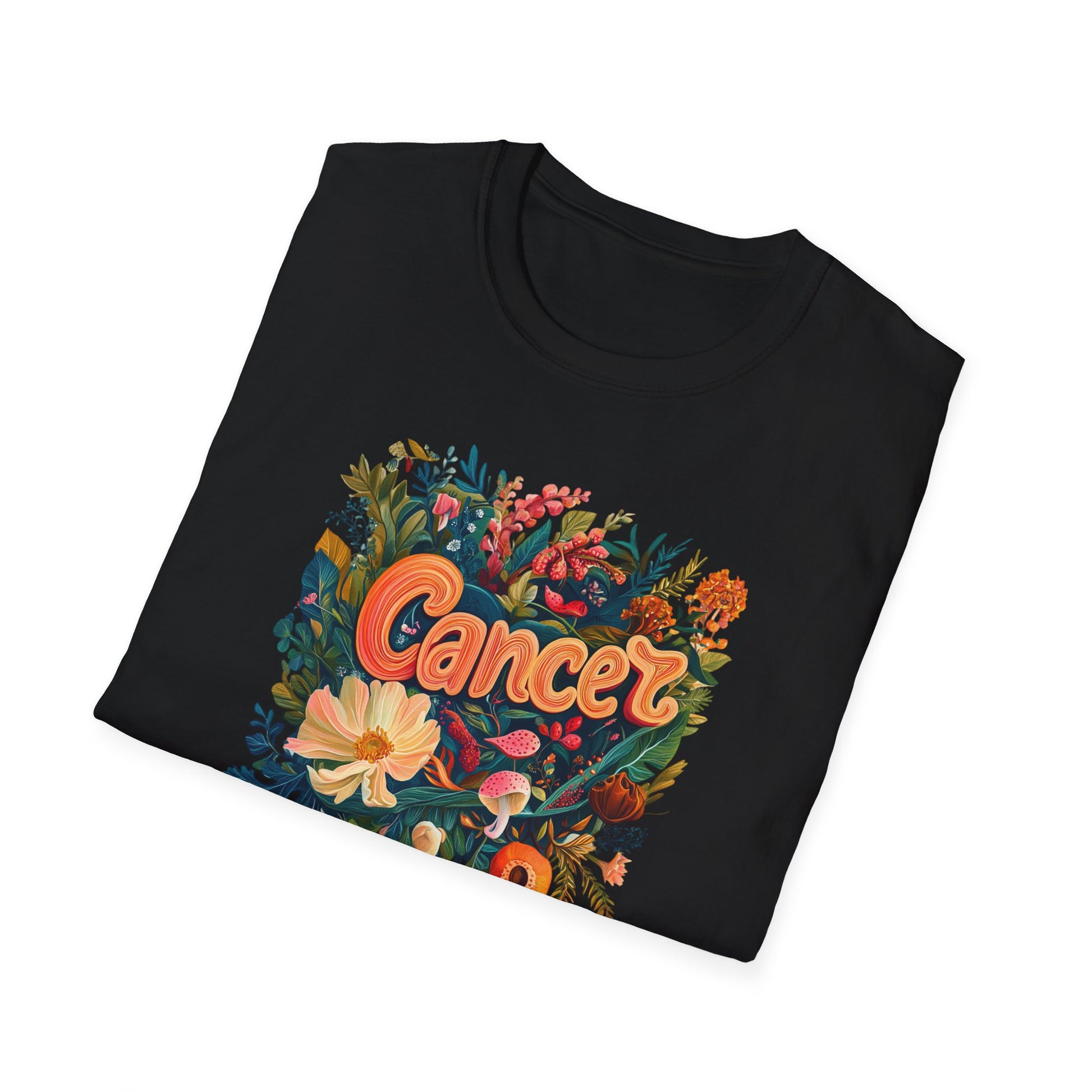 Printify black folded t shirt featuring vibrant floral and mushroom illustration and the word Cancer zodiac t-shirt