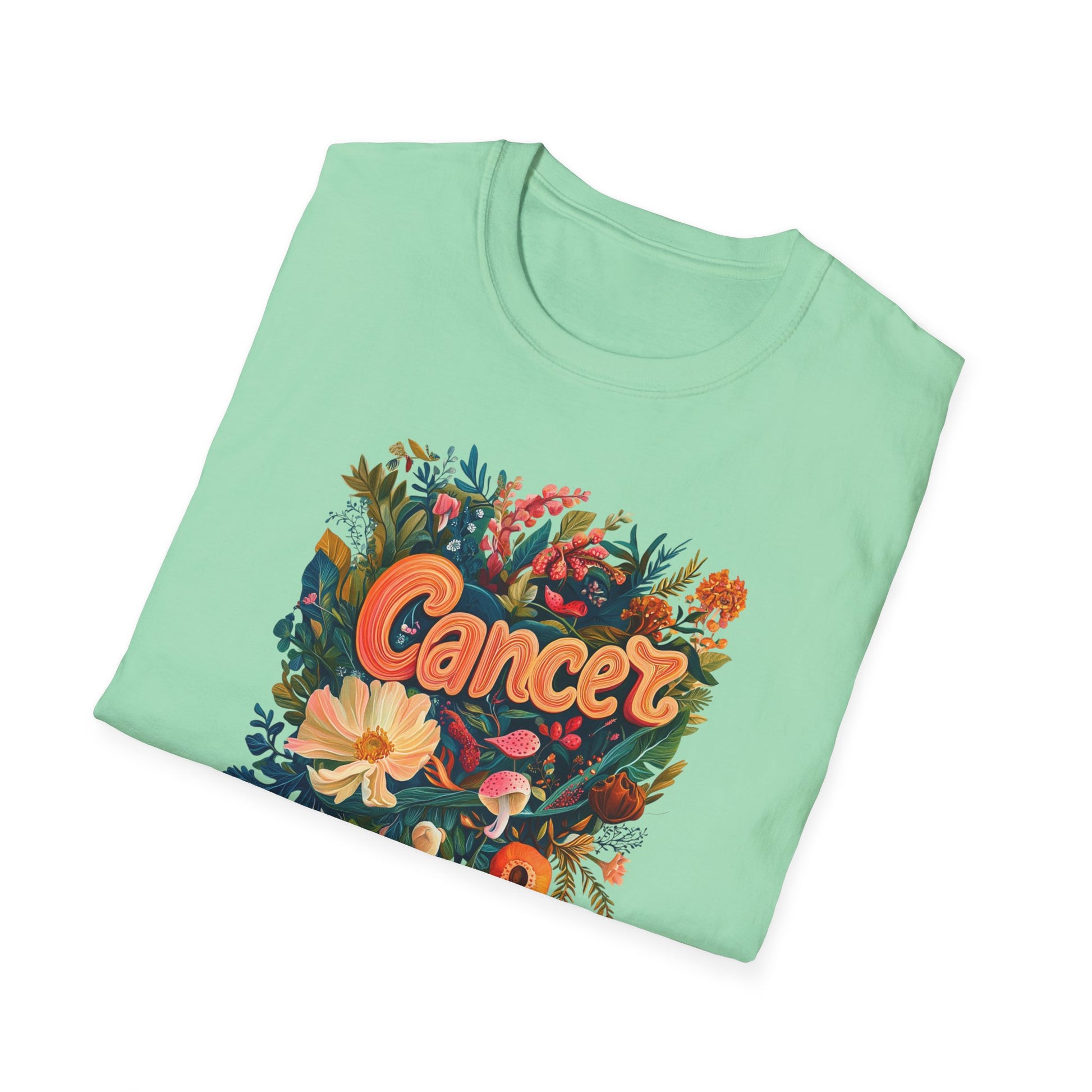 Cancer zodiac t-shirt mint green folded tee with orange script and floral mushroom illustration