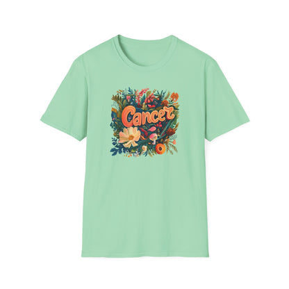 Printify mint green Cancer zodiac t-shirt with colorful floral illustration and vintage script