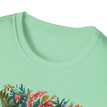 Mint green Cancer zodiac t-shirt with colorful floral botanical print and crew neckline