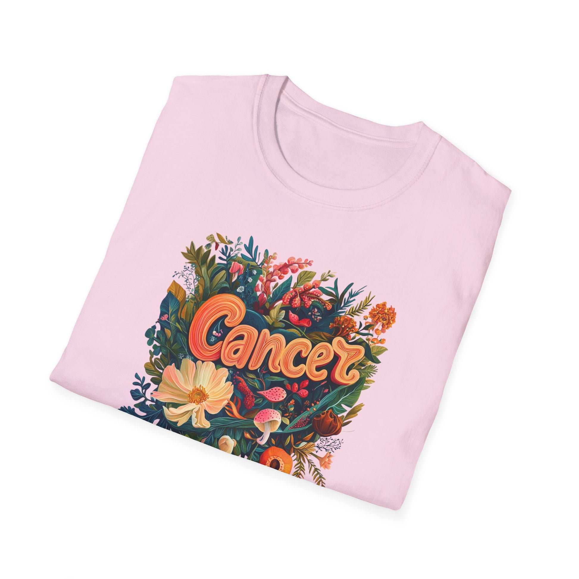 Printify pink folded tee with floral heart design and retro lettering reading Cancer zodiac t-shirt