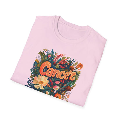 Printify pink folded tee with floral heart design and retro lettering reading Cancer zodiac t-shirt