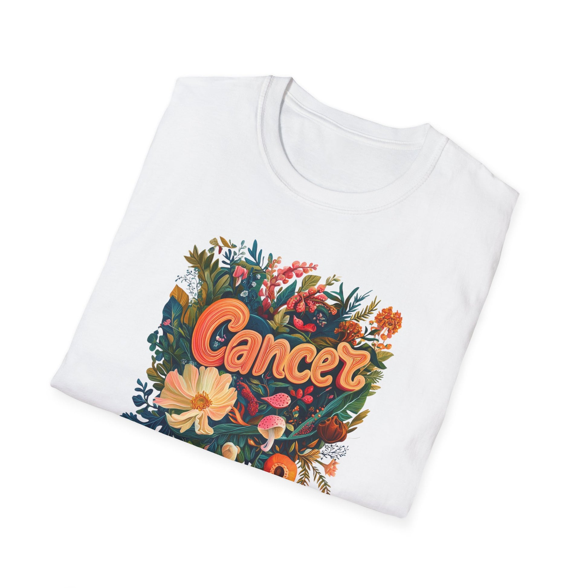 Printify white folded tee featuring floral illustration and bold script Cancer zodiac t-shirt design