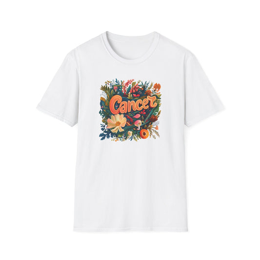 Printify white short sleeve tee with colorful floral Cancer script graphic for zodiac fans Cancer zodiac t-shirt