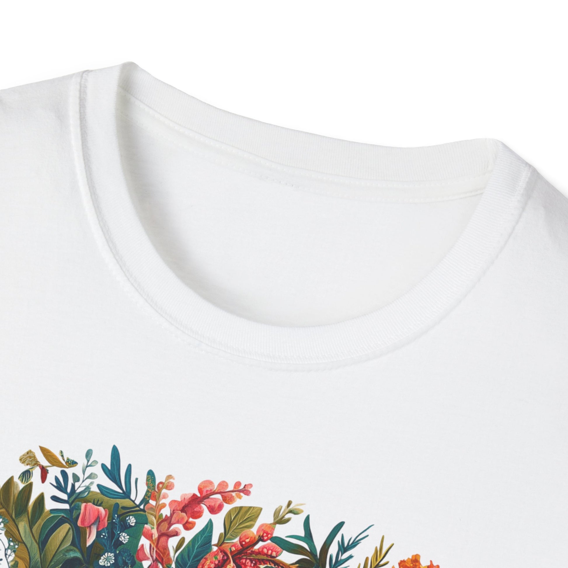 Printify white crewneck Cancer zodiac t-shirt with colorful floral botanical design along hem