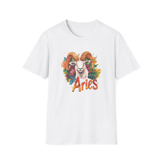 White Printify T-shirt with colorful Aries ram design and Aries text zodiac clothing for Aries