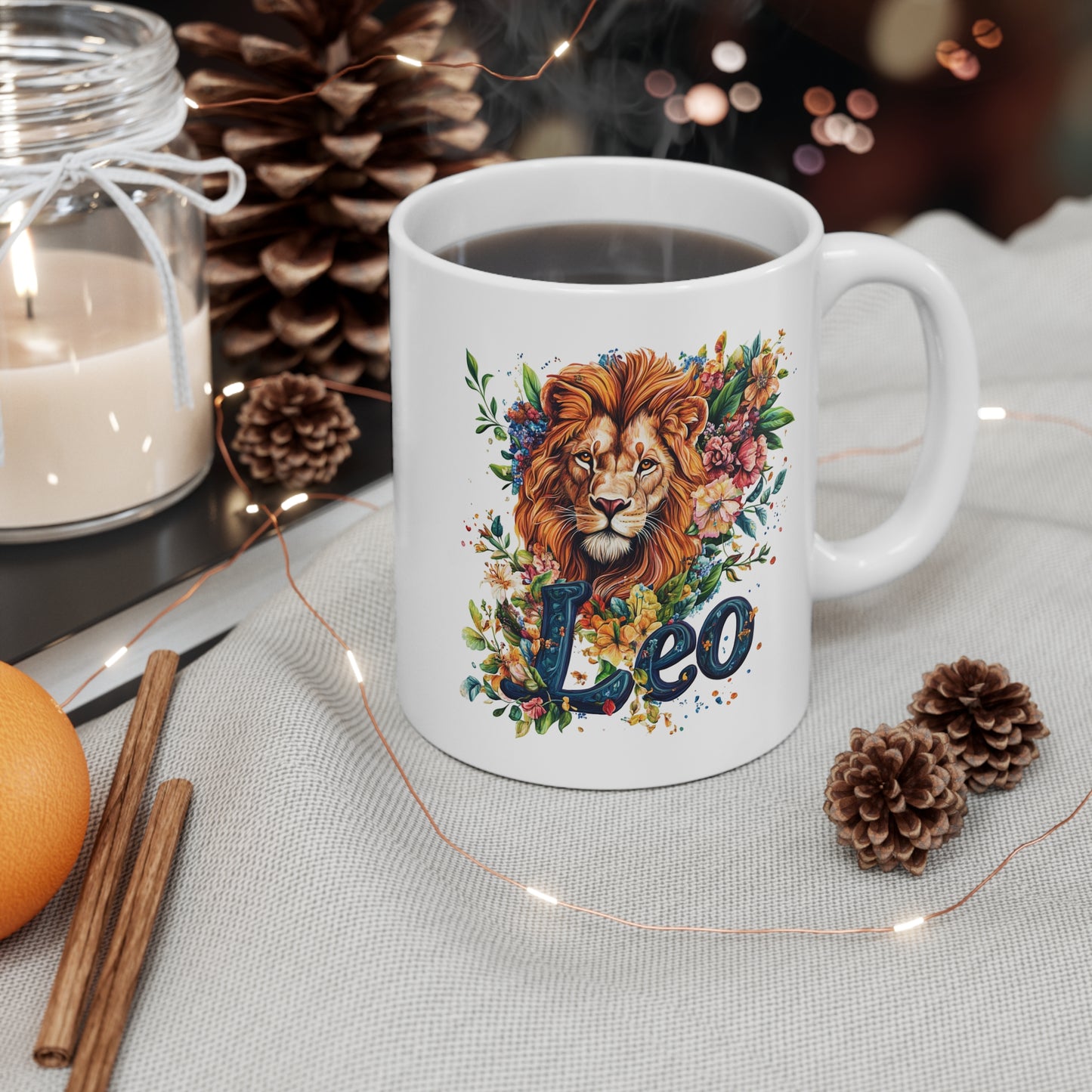 White ceramic personalized Leo mug featuring detailed lion and floral artwork ideal for zodiac gifts