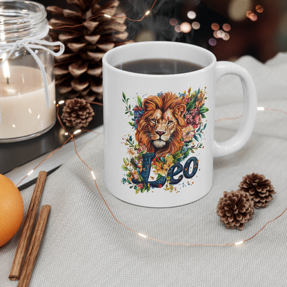 White ceramic personalized Leo mug featuring detailed lion and floral artwork ideal for zodiac gifts