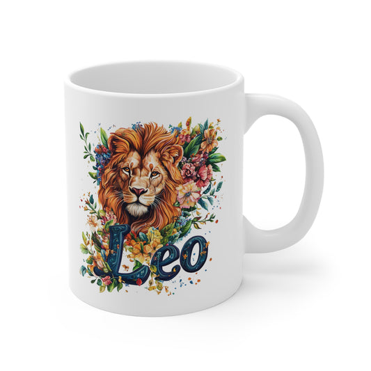 Printify ceramic personalized Leo mug featuring a detailed lion head and colorful floral watercolor design
