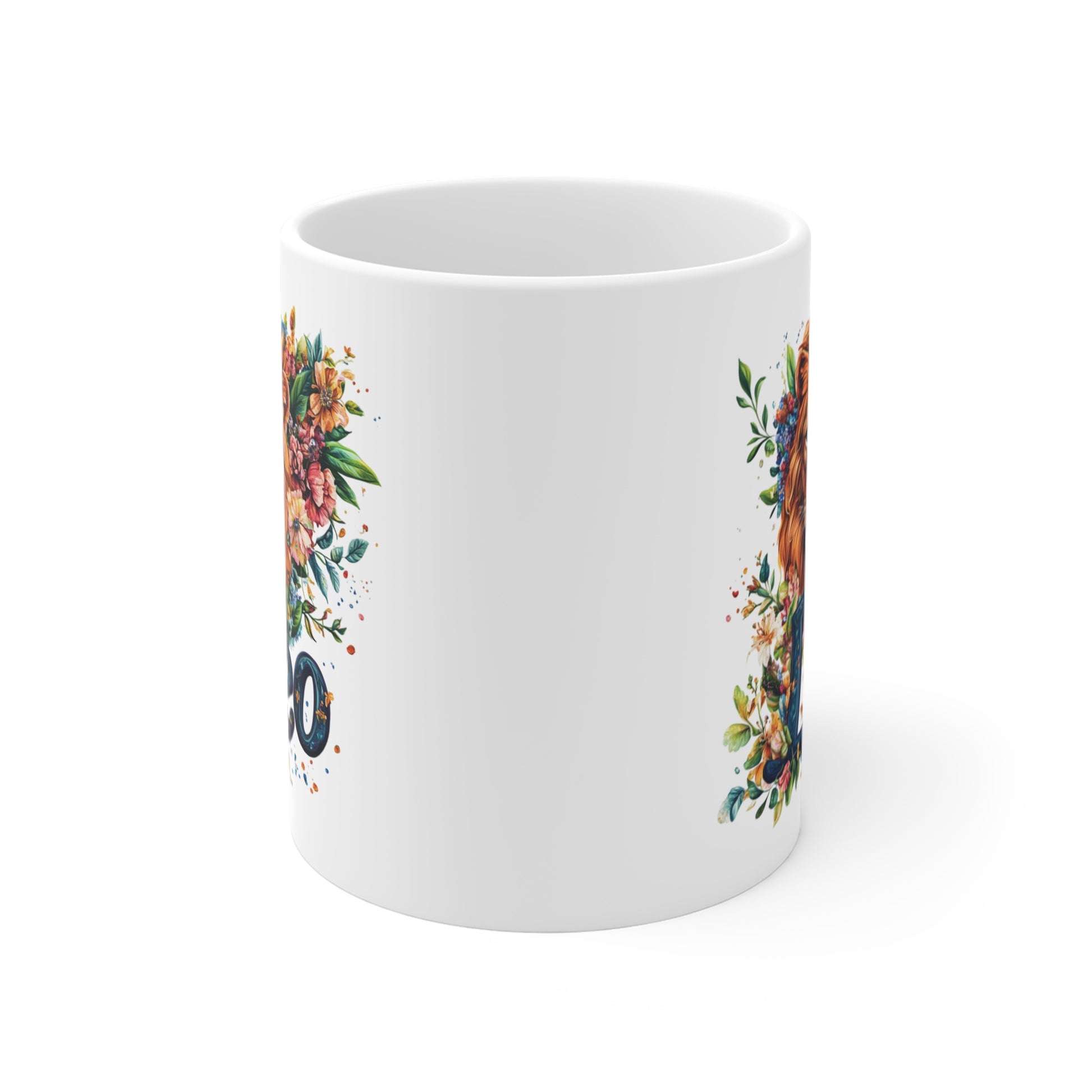 Printify personalized Leo mug white ceramic with watercolor floral bouquet and lion zodiac art