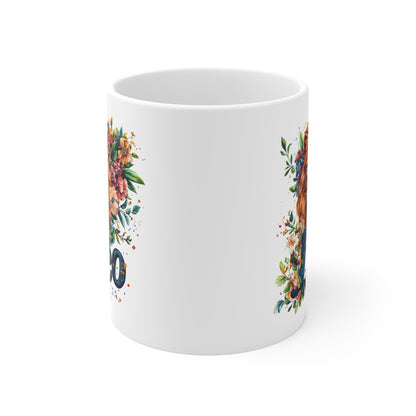 Printify personalized Leo mug white ceramic with watercolor floral bouquet and lion zodiac art